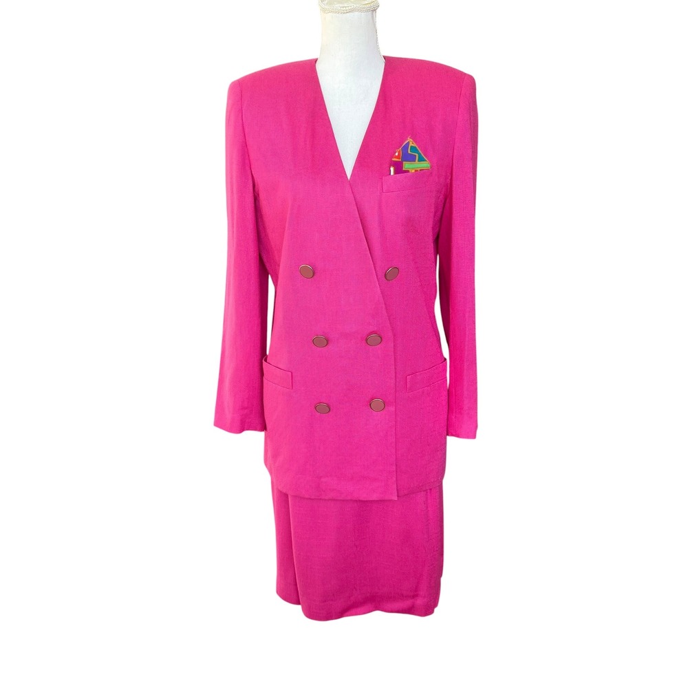 Vintage Worthington‎ Hot Pink Skirt Suit Set 10 12 Double Breasted Linen Blend